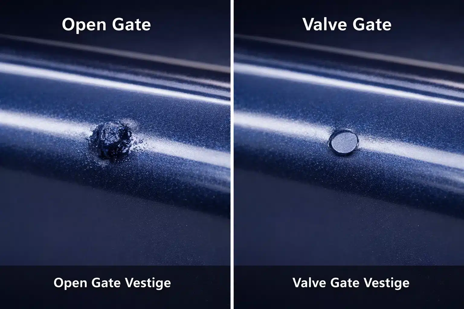Valve gate application example for cosmetic parts, illustrating gate vestige control and repeatability